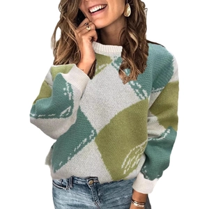 Pull-over en maille à losanges pour femmes en vert et gris avec texture mohair