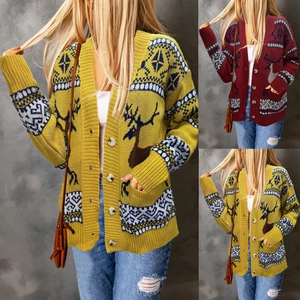 Women's Christmas Reindeer Snowflake Knit Cardigan V Neck Button Loose Sweater With Pockets Casual Winter Warm Knitted Top