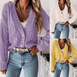 Women V Neck Cable Knit Cardigan Long Sleeve Sweater With Artificial Pearl Buttons Casual Solid Color Autumn Winter Outerwear Top