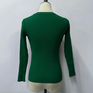Detailed back view of dark green long sleeve knit top with vertical ribbed texture