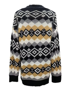 Detail of geometric jacquard knit pattern and ribbed cuffs on the autumn cardigan
