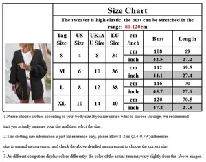 Size chart for women's knitted cardigan with bust and length measurements in cm and inches