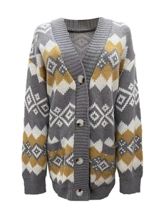 Detail view of V-neck knit cardigan with vintage argyle pattern and round buttons