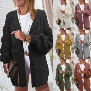 Women's Oversized Knit Cardigan Sweater Loose Mid-Length Open Front Coat With Popcorn Bubble Sleeve Warm Casual Outerwear