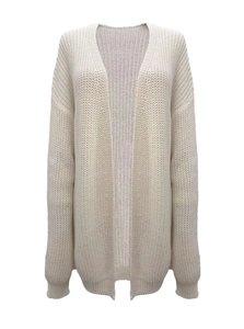 Detailed close-up of beige chunky knit cardigan with ribbed cuffs and open front design