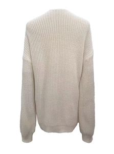 Detail of cream chunky knit cardigan showing ribbed cuffs and loose fit design