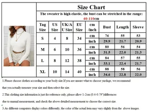 Size chart for women's high neck knit sweater showing bust and length in cm and inches