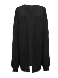 Detailed view of black open front knit cardigan with rib cuffs and coarse texture