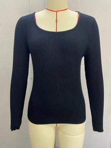 Close-up of black ribbed knit fabric texture on a slim fit U-neck long sleeve sweater