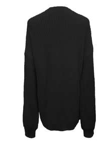 Detailed back view of a black knit cardigan showing thick texture and ribbed hem