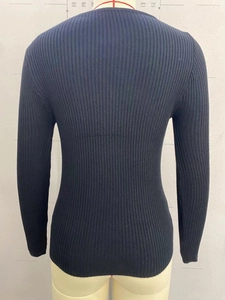 Detailed view of the ribbed knit texture and vertical lines on dark slim-fit sweater