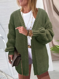 Women casual longline dark green chunky knit cardigan featuring textured puff sleeves