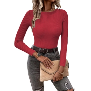 Slim fit red long sleeve knit sweater for women with crew neck and ribbed texture