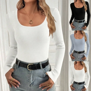 Detailed close-up of ribbed texture and multi-color options for this slim fit U-neck sweater