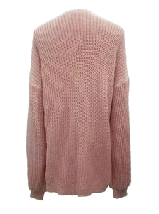 Back view of pink chunky knit cardigan showing dropped shoulders and ribbed hem