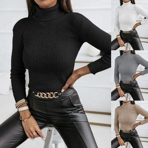 Close-up of women's ribbed turtleneck knit tops in black, white, gray, and khaki colors