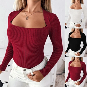 Detail of square neck hollow-out knit sweater showing ribbed texture and color options