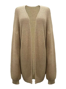 Detail of chunky knit khaki cardigan with lantern sleeves and ribbed cuffs on white back