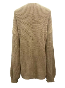 Detailed back view of a khaki chunky knit cardigan sweater with textured stitching