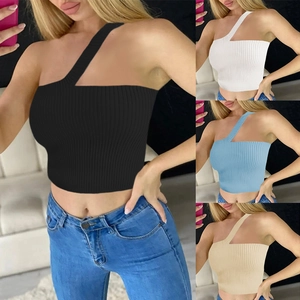 Canotta da Donna Sexy Monospalla in Maglia a Coste Tinta Unita Slim Fit Senza Maniche Crop Top Estate Casual Party Gilet