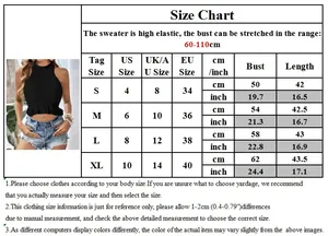 Size chart for ruffle knit crop top with US UK EU measurements and high stretch details