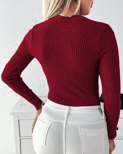 Close-up of slim fit burgundy knit sweater showing vertical ribbing and back view details