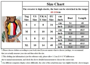 Detailed size chart for striped knit tank top with bust and length measurements