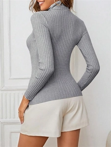 Rear side view of slim fit gray turtleneck knit sweater with vertical ribbed texture