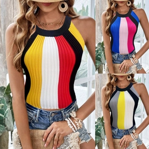 Women Halter Neck Knit Tank Top Vertical Striped Color Block Sleeveless Ribbed Slim Fit Summer Casual Beachwear Camisole Shirt