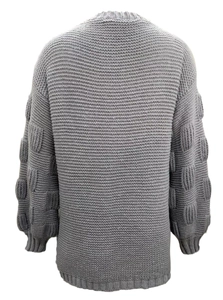 Detail of grey chunky knit cardigan back featuring textured 3D bubble lantern sleeves