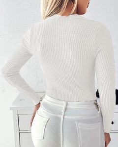 Detailed back view of a slim fit white ribbed knit sweater showing vertical textures