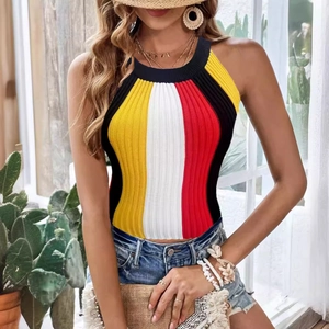 Women halter neck ribbed knit top with vertical color block stripes for summer vacation