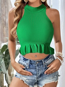 Detail of green ribbed knit halter top with ruffle hem and sleeveless crop design