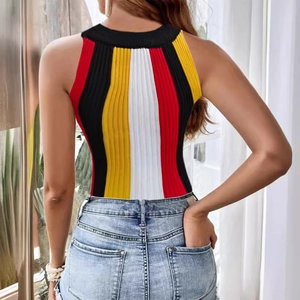Rear view of women's slim fit knit tank top featuring vibrant colorful vertical stripes