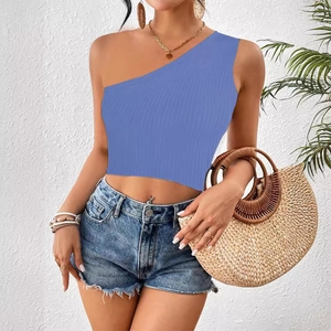 Blue one-shoulder ribbed crop top for women in a slim fit knit style for summer