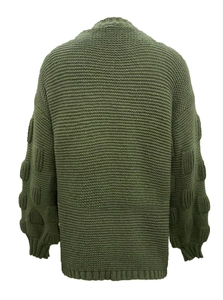 Back view of olive green chunky knit cardigan featuring textured puff sleeve details