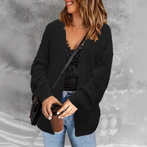 Casual black long sleeve knit cardigan sweater for women in a comfortable loose fit style