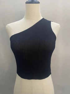 Close-up of black ribbed knit texture on a one-shoulder cropped tank top