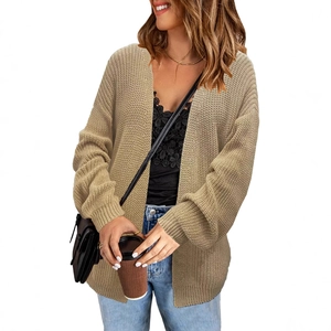 Women's loose knit oatmeal cardigan sweater jacket with ribbed cuffs in casual style