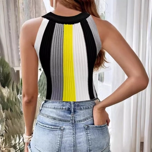 Rear view of striped knit tank top with yellow, grey, black and white vertical patterns