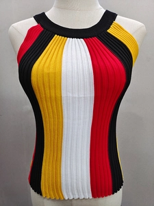 Detail of ribbed knit texture on striped halter top with red yellow and white panels
