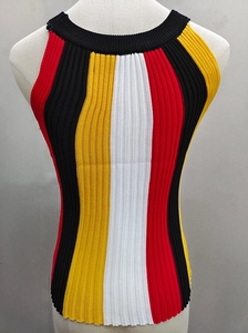 Close-up of rib-knit fabric texture on a striped halter top with black, red, and yellow