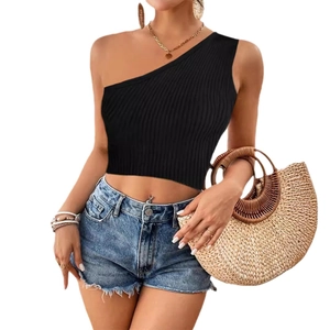 Slim fit black one-shoulder ribbed knit crop top for women in casual summer style