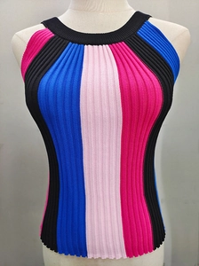 Close-up of color block vertical striped knit fabric on a halter neck sleeveless top