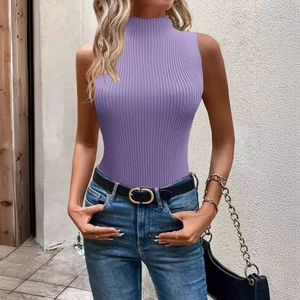 Women's purple high neck sleeveless ribbed knit sweater vest with a slim fit profile