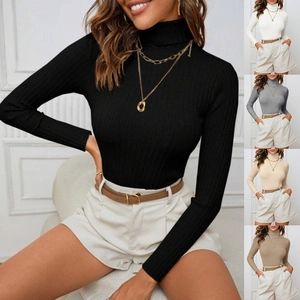 Women Turtleneck Ribbed Knit Sweater Slim Fit Long Sleeve Pullover Soft Solid Color Basic Base Top For Autumn Winter