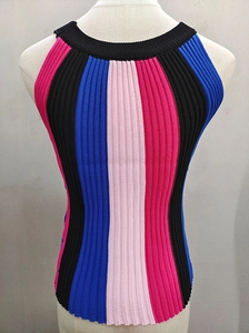 Detailed vertical ribbed knit texture on a colorful striped slim-fit sleeveless top