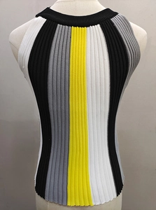 Detail of color block striped ribbed knit tank top showing texture and vertical patterns