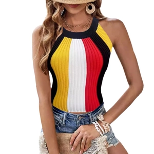 Women's halter knit top with vibrant black yellow white and red vertical stripes