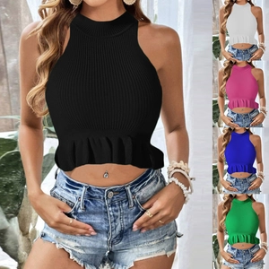 Women Ruffle Hem Knit Halter Crop Top Ribbed Sleeveless High Neck Peplum Tank Top Solid Color Casual Summer Fashion Vest